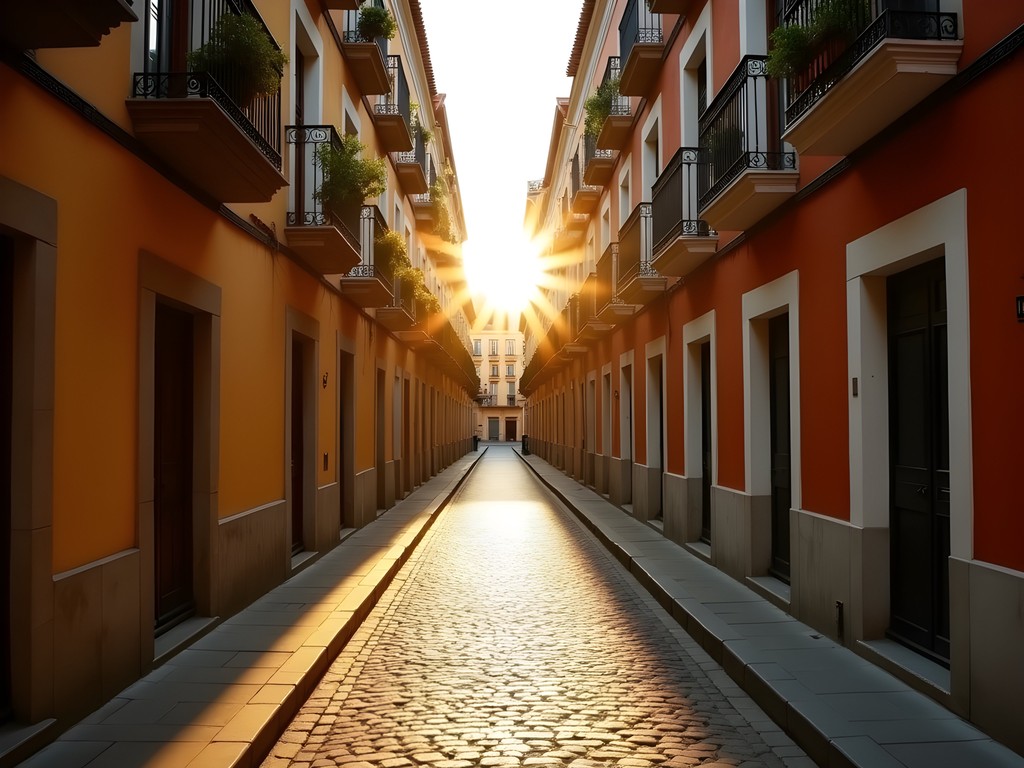 Early morning light filtering through narrow streets of Barrio Santa Cruz in Seville