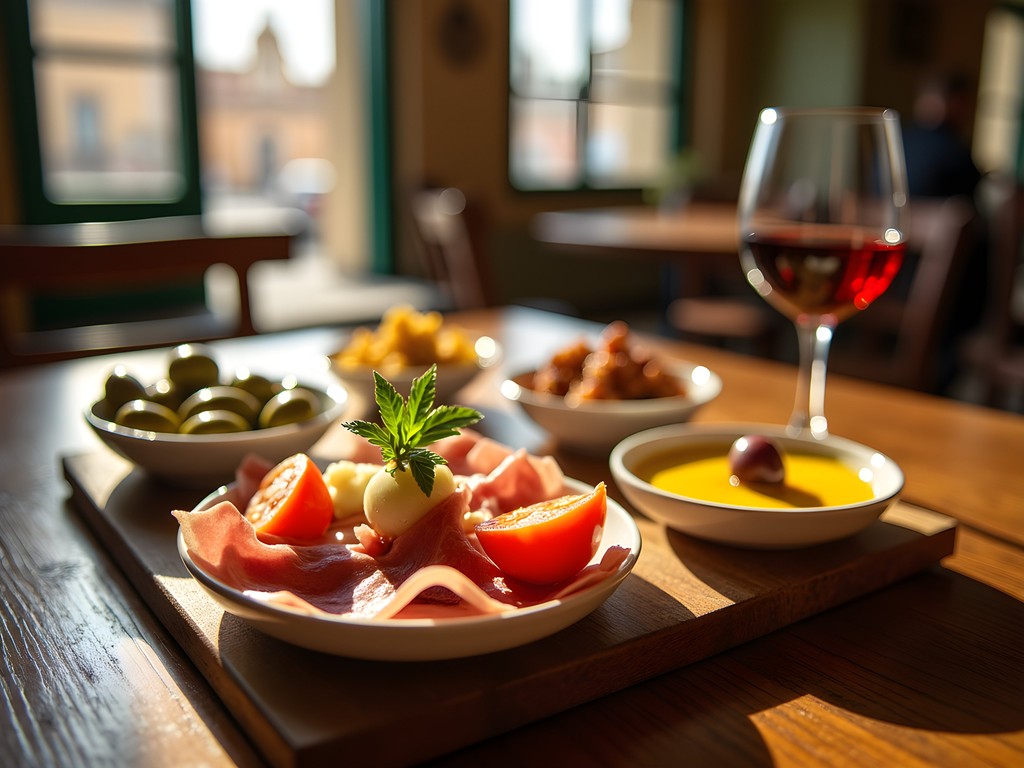 Traditional Spanish tapas illuminated by afternoon light in a Seville tavern