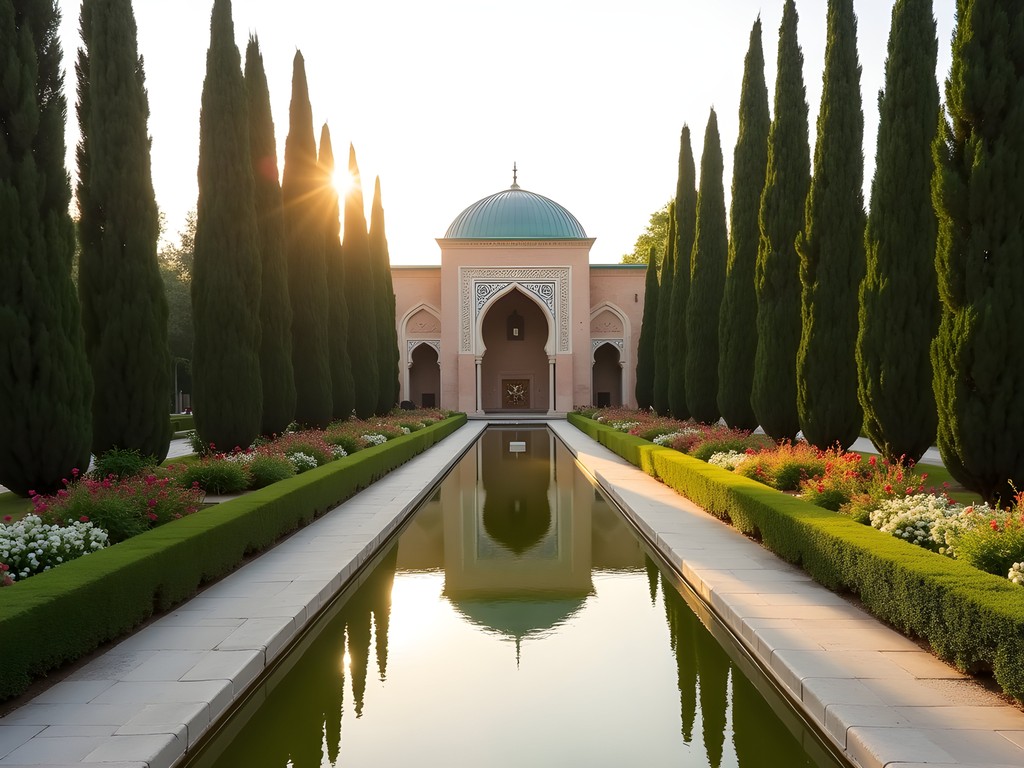 Eram Garden pavilion reflecting in water channel with cypress trees in Shiraz, Iran