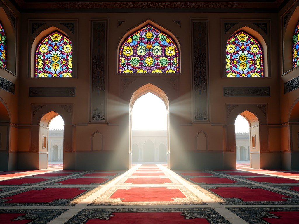 Morning light streaming through stained glass windows at Nasir al-Mulk Mosque in Shiraz