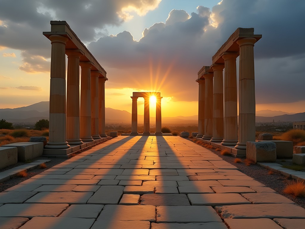 Ancient columns of Persepolis bathed in golden hour light with dramatic storm clouds in background