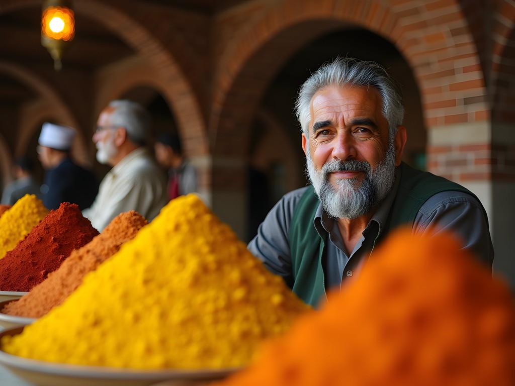 Portrait of spice merchant in Vakil Bazaar surrounded by colorful spices in Shiraz, Iran