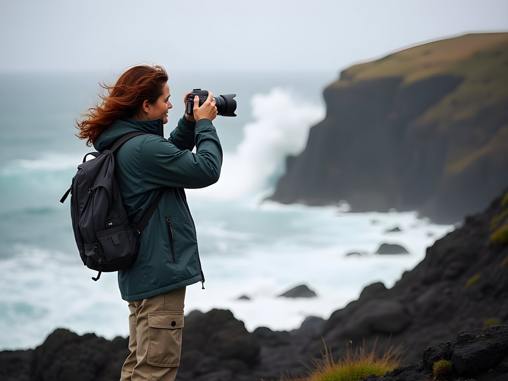 Female photographer capturing coastal landscape at Mosquito Cove Trail Sitka Alaska
