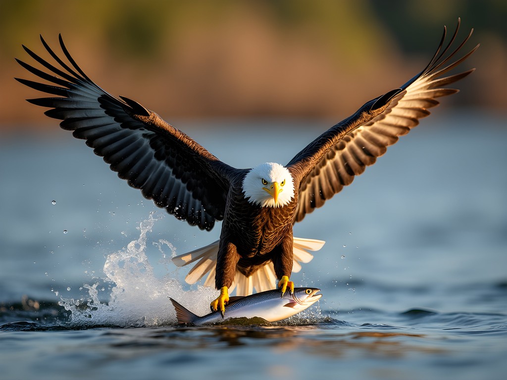 Bald eagle catching salmon in Sitka Alaska coastal waters