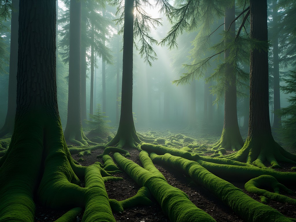 Morning mist filtering through Tongass National Forest near Sitka Alaska