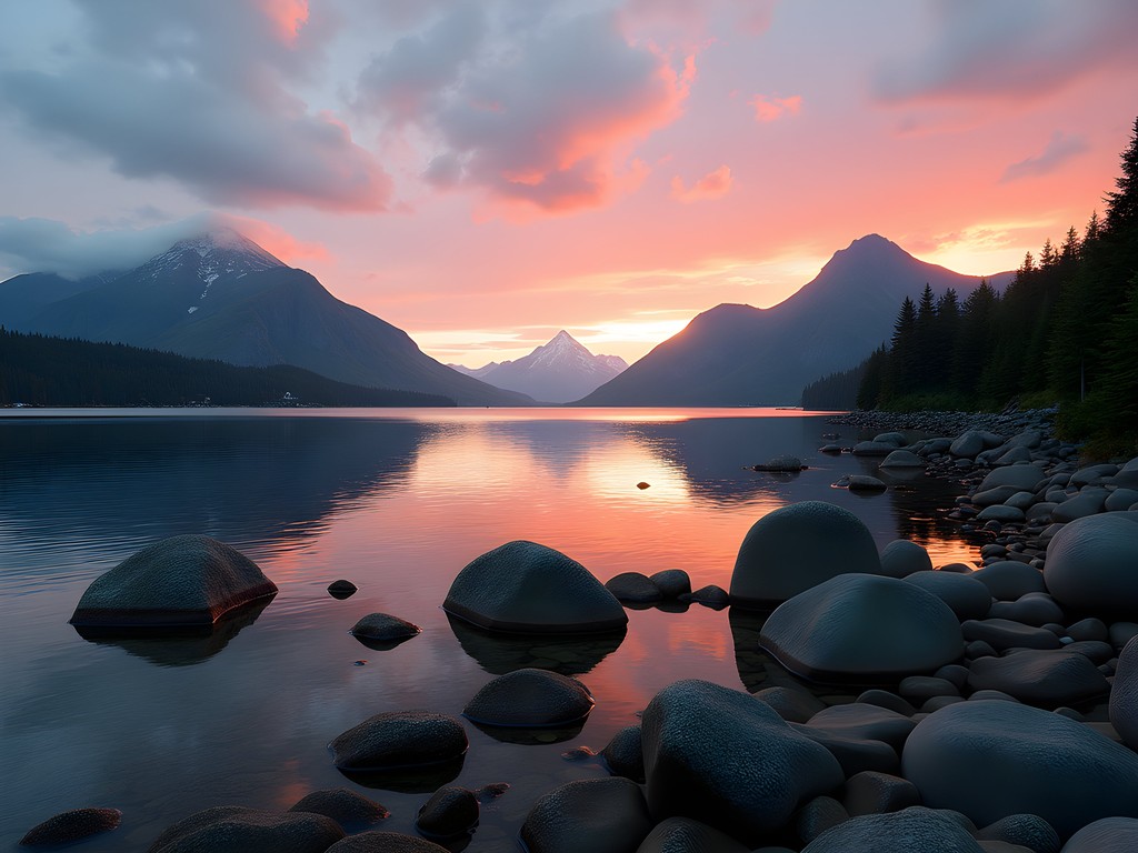 Sunset over Sitka Sound with layered islands and Mount Edgecumbe volcano Alaska