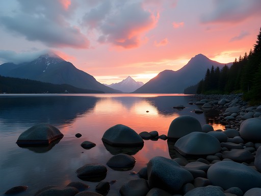 Sunset over Sitka Sound with layered islands and Mount Edgecumbe volcano Alaska