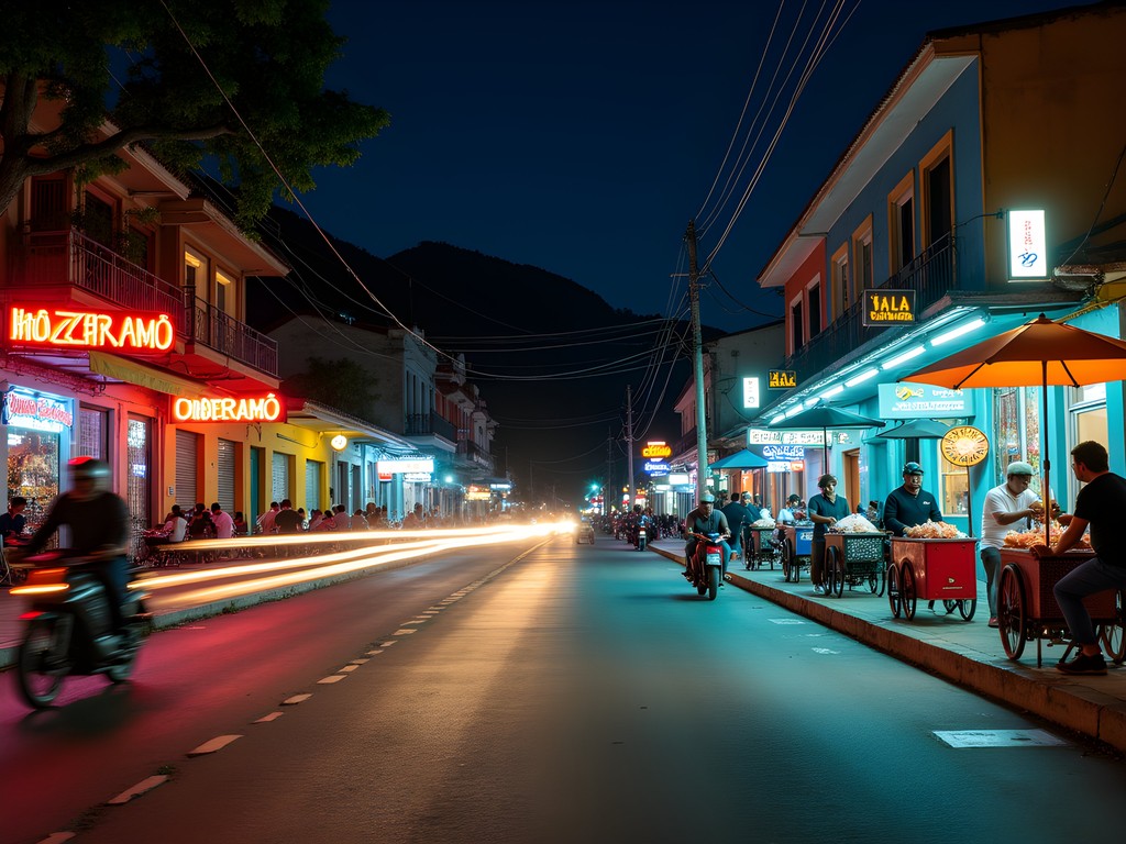 Vibrant night photography of Carrera 19 in Soledad, Colombia showing colorful storefronts and street life