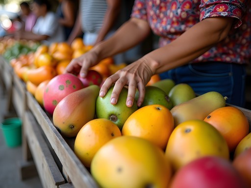Colombian fruit vendor arranging colorful tropical fruits in Soledad Centro market