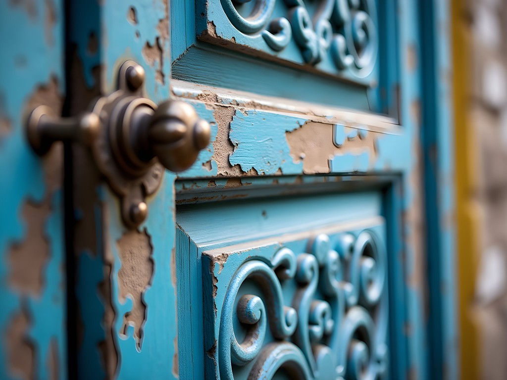Close-up detail of weathered blue colonial wooden door with ornate carvings in Soledad, Colombia