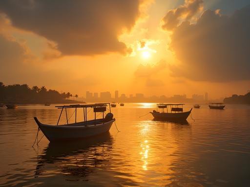 Golden hour photography of Soledad skyline from Gran Malecón with fishing boats on Magdalena River