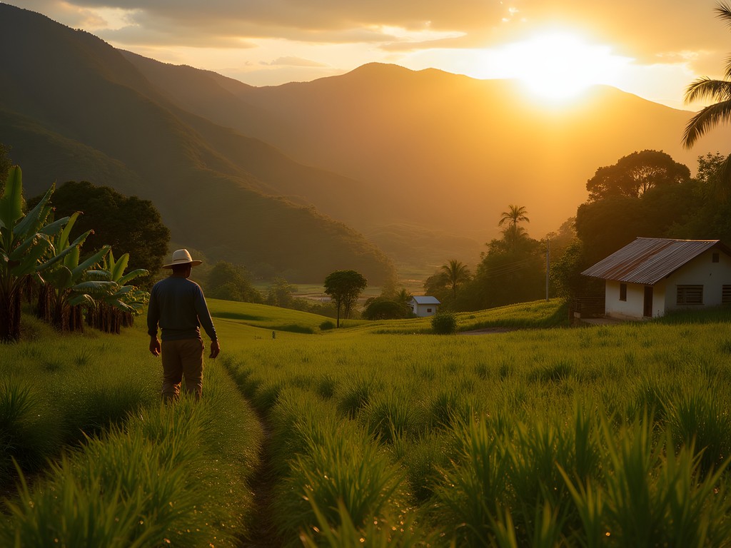 Colombian farmer working traditional fields at sunrise near Soledad with mountains in background