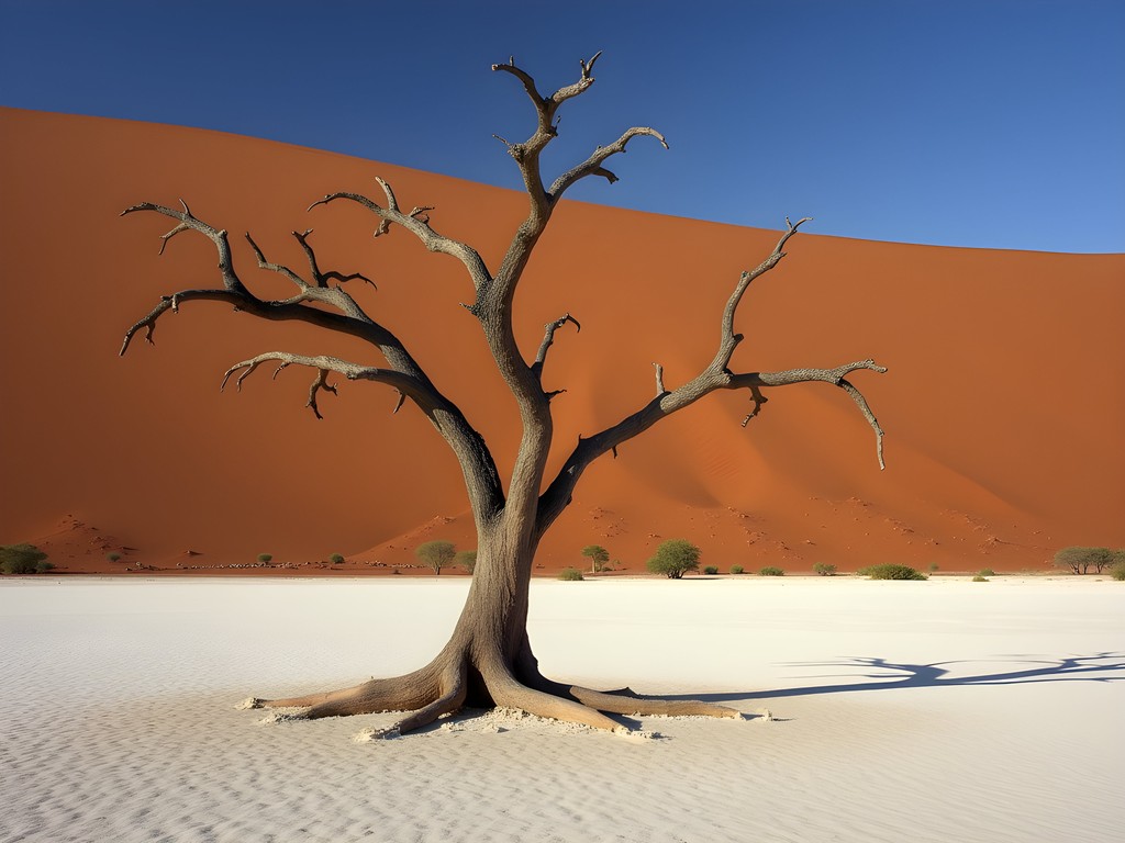 Solitary dead tree in Hidden Vlei at dawn with massive dunes in background