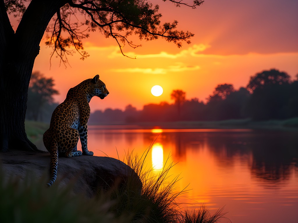 Leopard silhouetted against sunset over Luangwa River in South Luangwa National Park