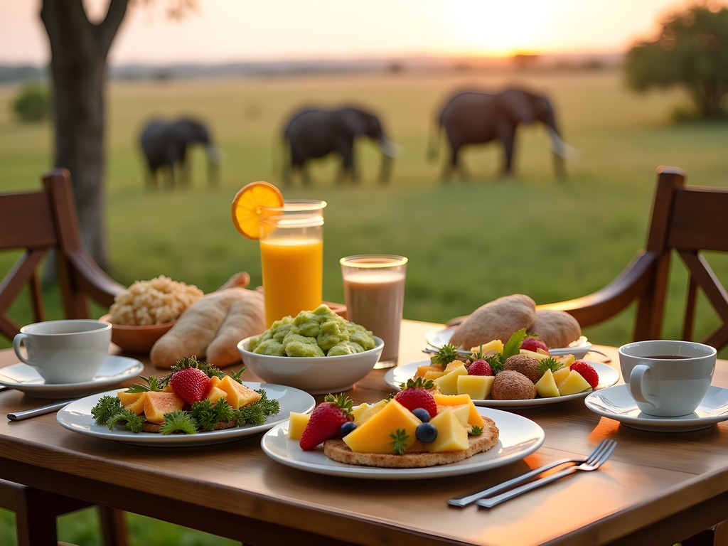 Luxury vegan breakfast spread at safari lodge overlooking South Luangwa National Park