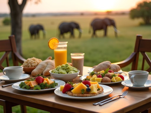 Luxury vegan breakfast spread at safari lodge overlooking South Luangwa National Park