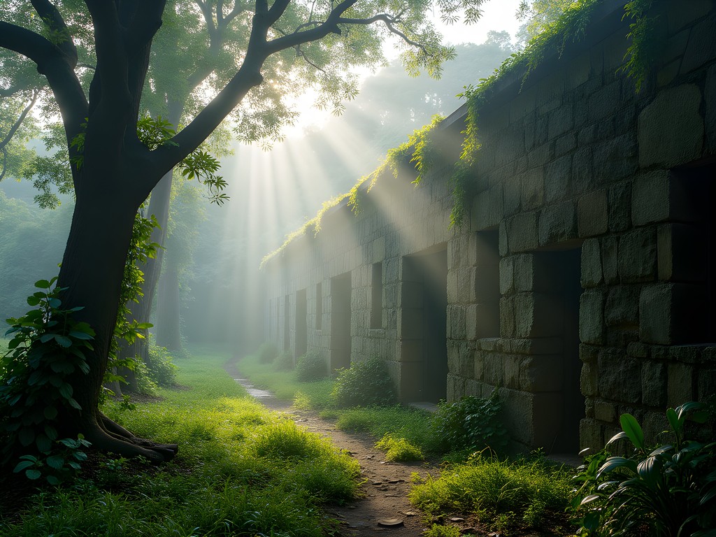 Atmospheric ruins of Farley Hill House surrounded by mahogany trees and morning mist