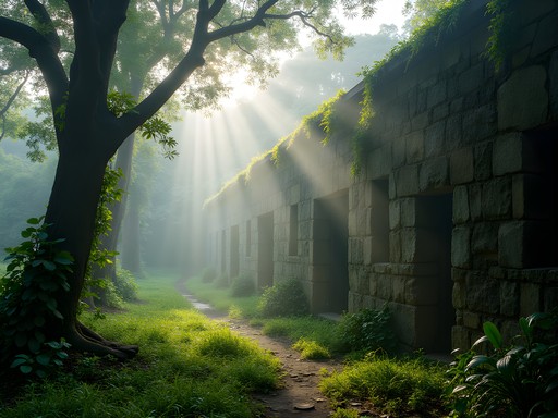 Atmospheric ruins of Farley Hill House surrounded by mahogany trees and morning mist