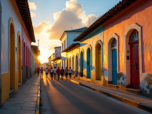 Row of colorful colonial wooden buildings in Speightstown at sunset with locals walking past