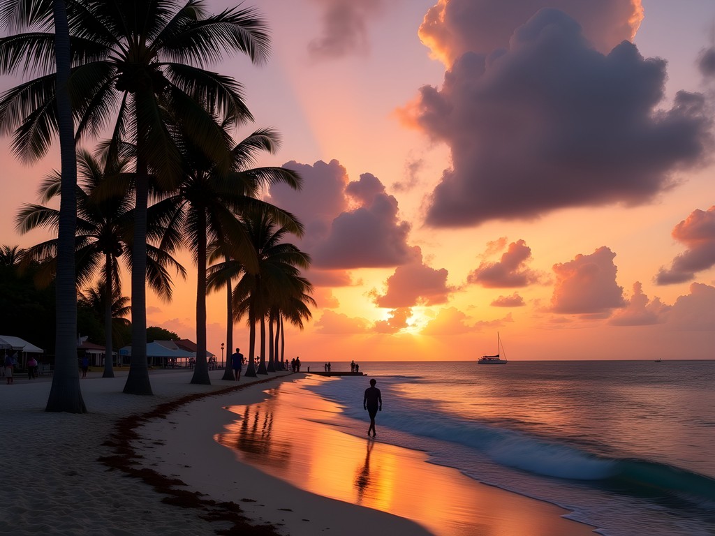Silhouettes of palm trees and locals against dramatic sunset on Speightstown Esplanade