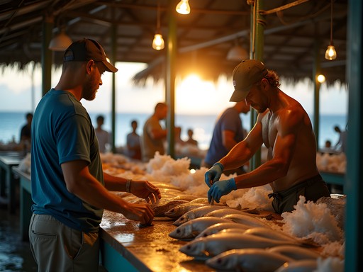 Early morning activity at Speightstown fish market with fishermen and local buyers