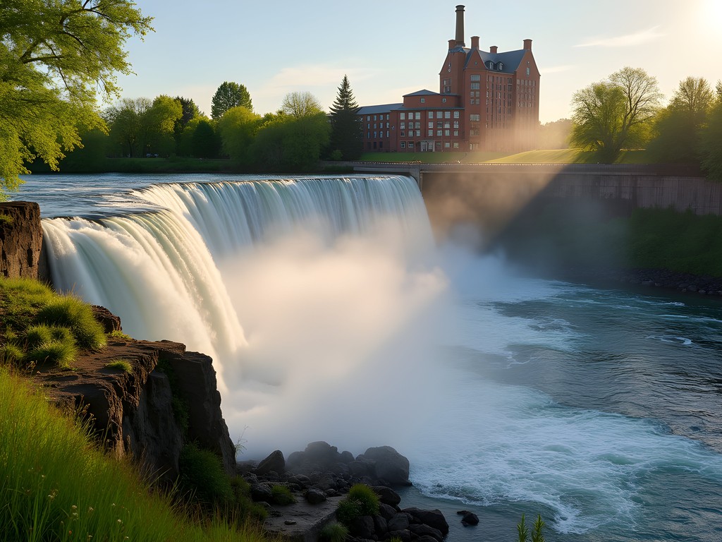 Lower Spokane Falls viewed from Huntington Park with spray and rainbow