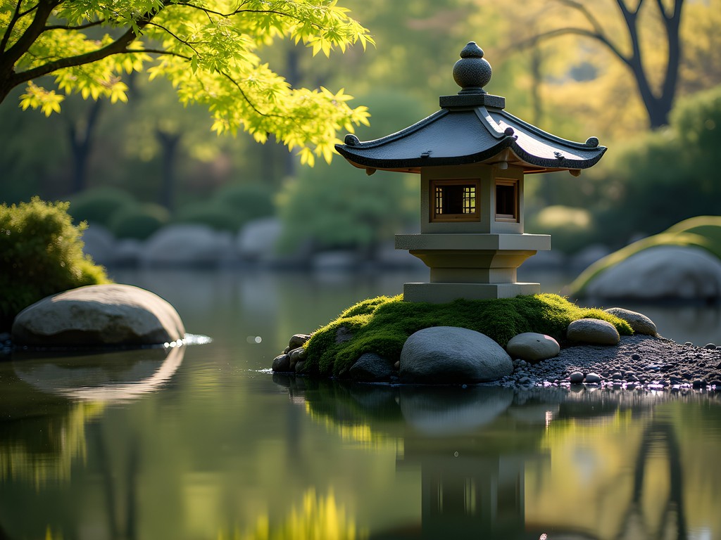 Stone lantern reflecting in pond at Manito Park's Japanese Garden in spring