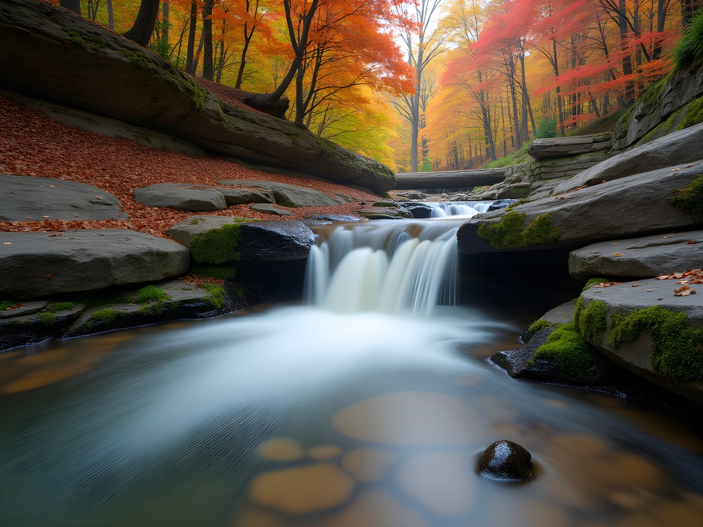 Intimate waterfall in Devil's Den State Park surrounded by autumn foliage