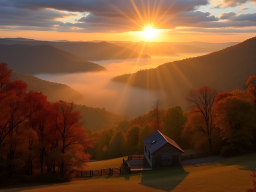 Foggy sunrise over Ozark hills at Hobbs State Park with autumn colors and layered mountains