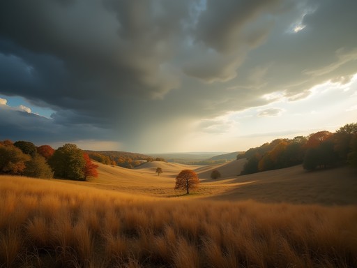 Dramatic storm clouds over Pea Ridge National Military Park with sunlight breaking through