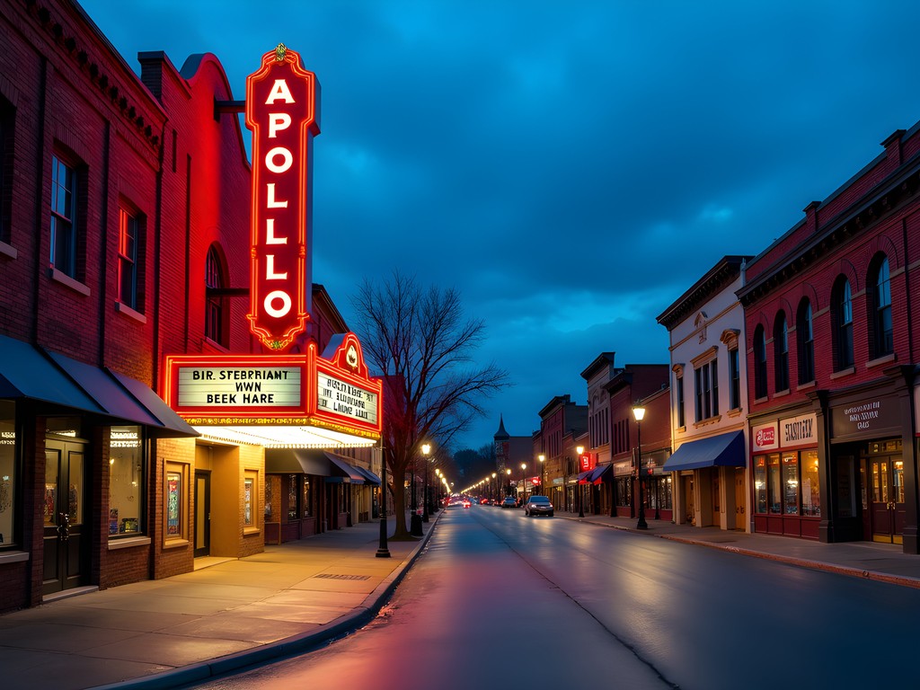 Historic Apollo Theater in downtown Springdale at blue hour with illuminated vintage marquee