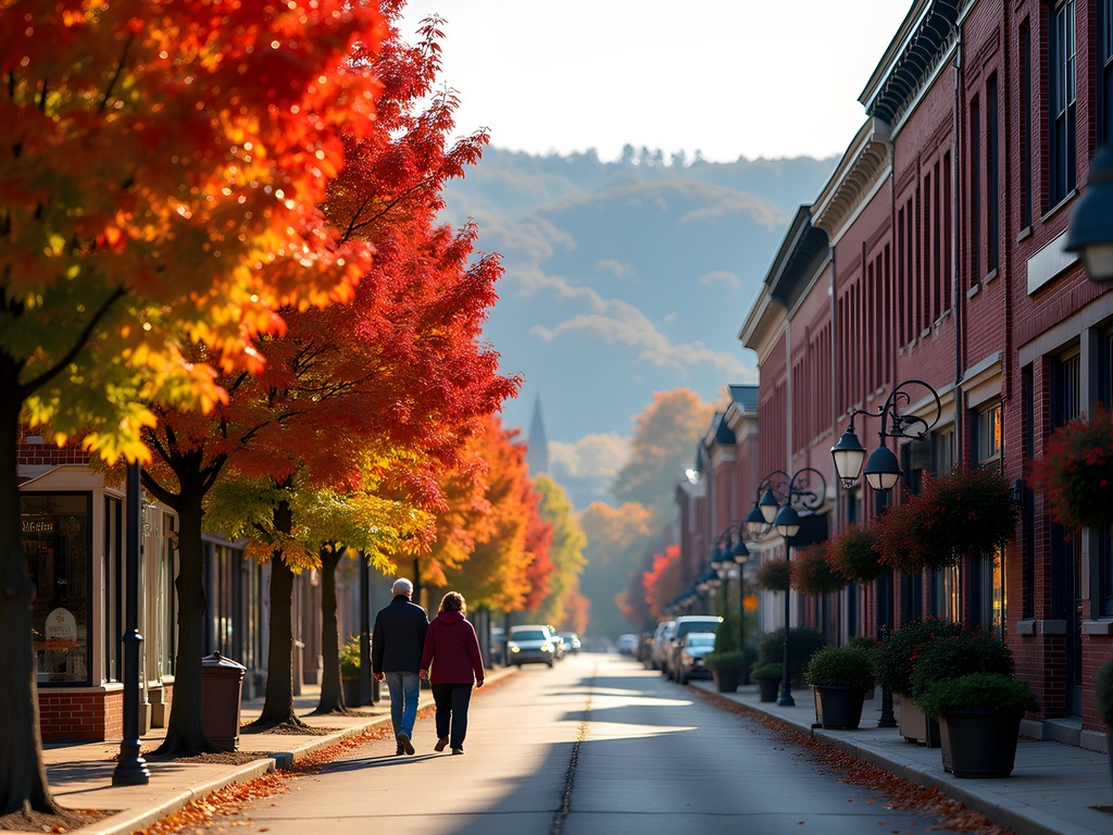 Historic Main Street in St. Albans Vermont during peak autumn foliage