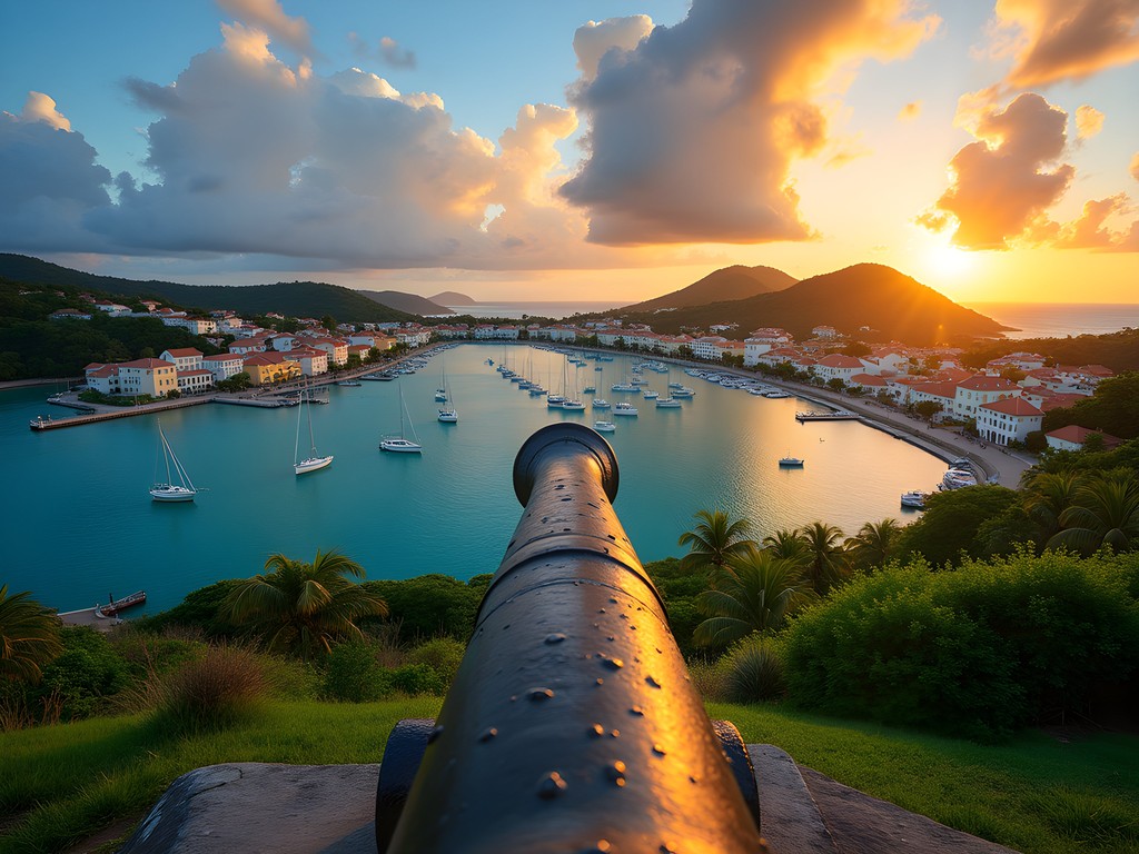 Panoramic sunset view of St. George's colorful harbor from Fort George with historic cannon in foreground