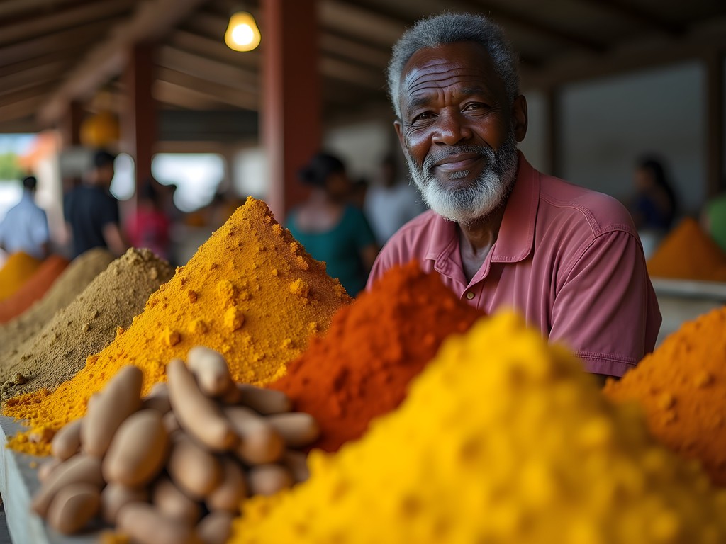 Grenadian spice vendor with colorful display of nutmeg, cinnamon, and turmeric in St. George's Market Square
