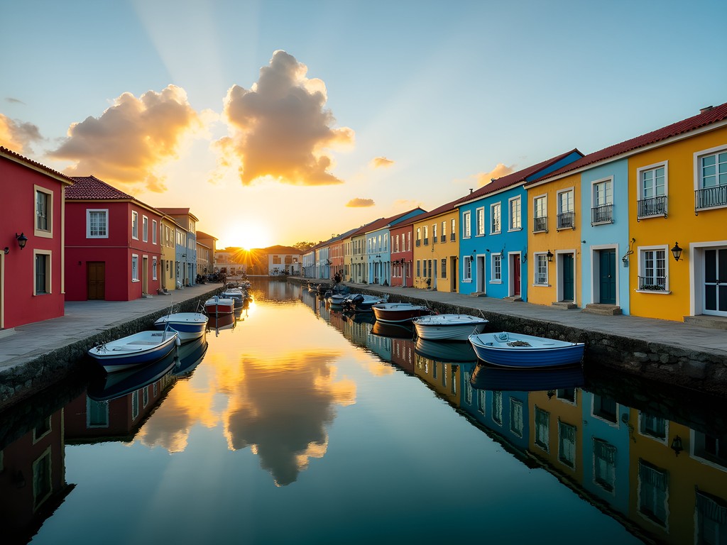 Golden sunrise light illuminating colorful buildings along St. George's Carenage with perfect reflections in harbor water