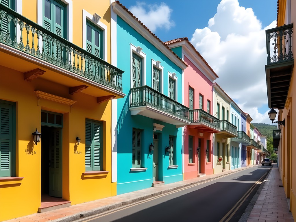 Vibrant colonial architecture on Young Street in St. George's with multicolored buildings in red, yellow, blue, and green