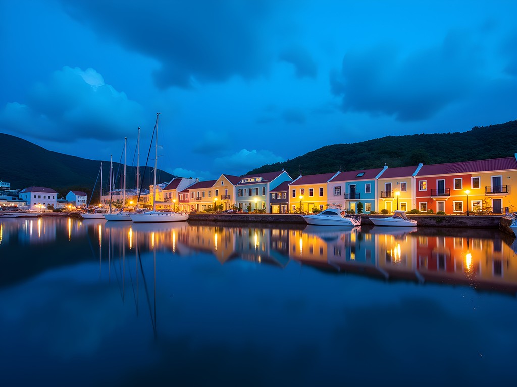 St. George's harbor during blue hour with illuminated buildings perfectly reflected in calm waters