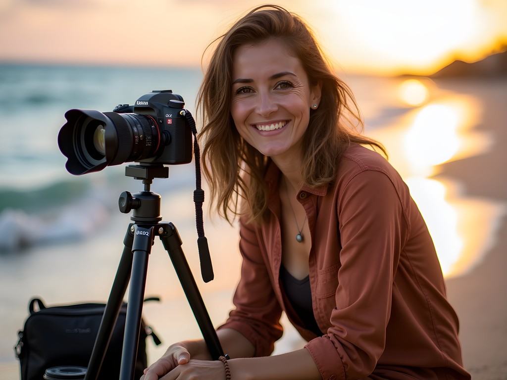 Photographer with protected camera gear set up on Antiguan beach at sunset