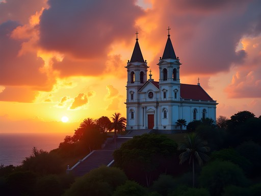 St. John's Anglican Cathedral silhouetted against vibrant sunset sky in Antigua