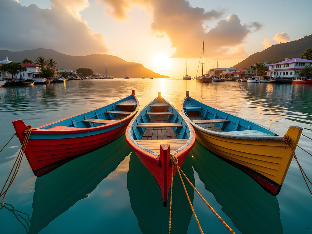 Colorful fishing boats in St. John's harbor at sunrise with golden light