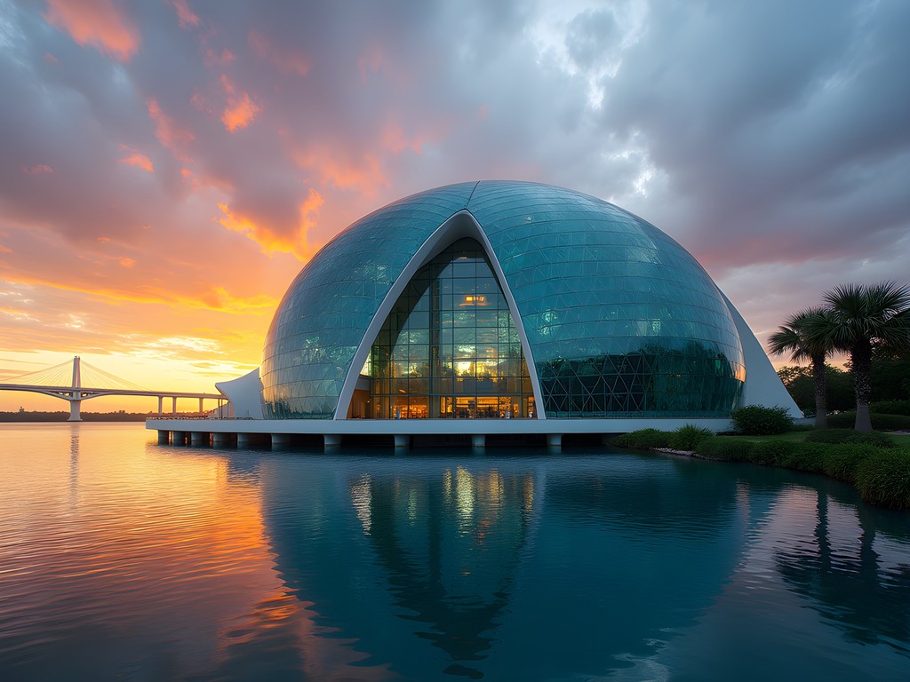 Salvador Dalí Museum's glass Enigma structure at sunset in St. Petersburg