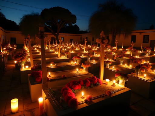 Candlelit cemetery during Día de los Muertos celebrations in Sucre with colorful floral offerings