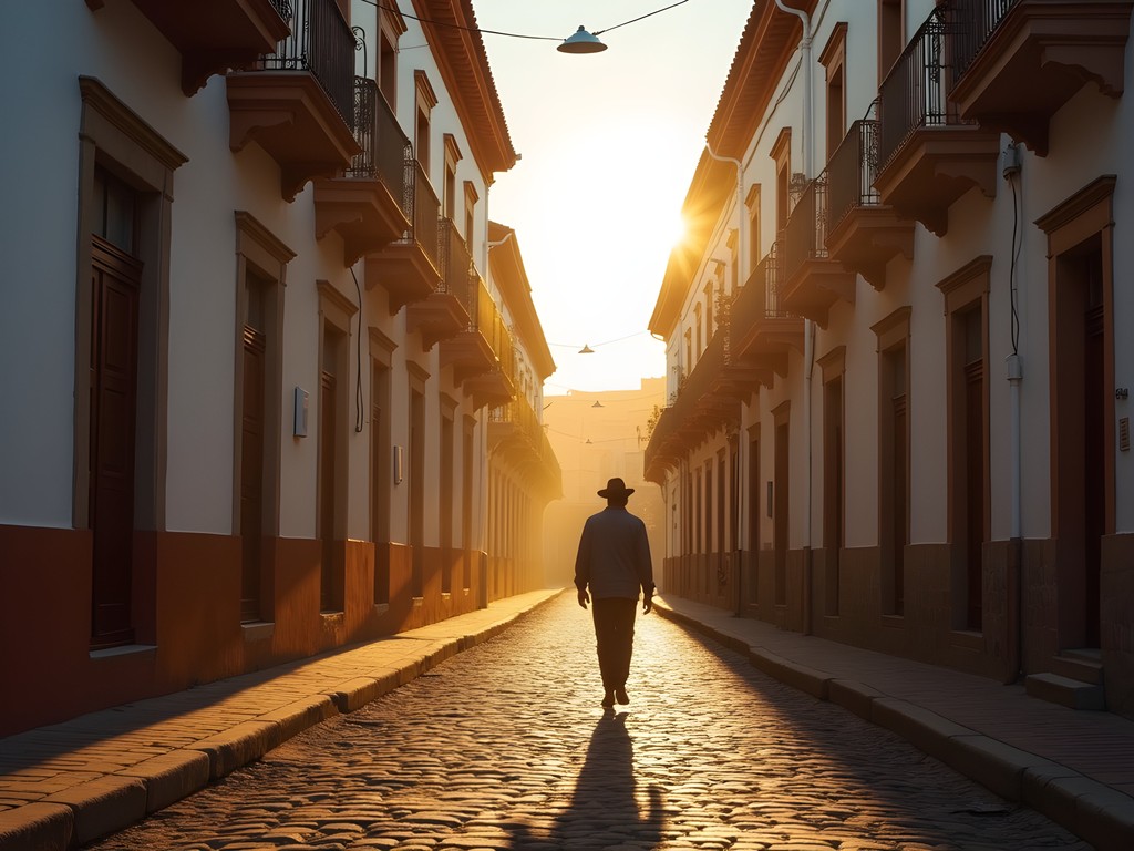 Early morning street photography in Sucre showing colonial architecture with local resident