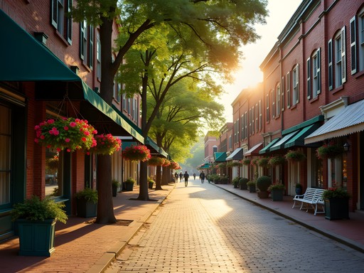 Historic Main Street Summerville South Carolina during golden hour with blooming flowers