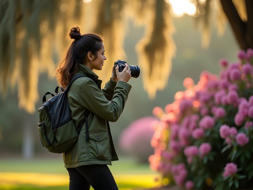 Photographer capturing Spanish moss and azaleas in historic Summerville garden