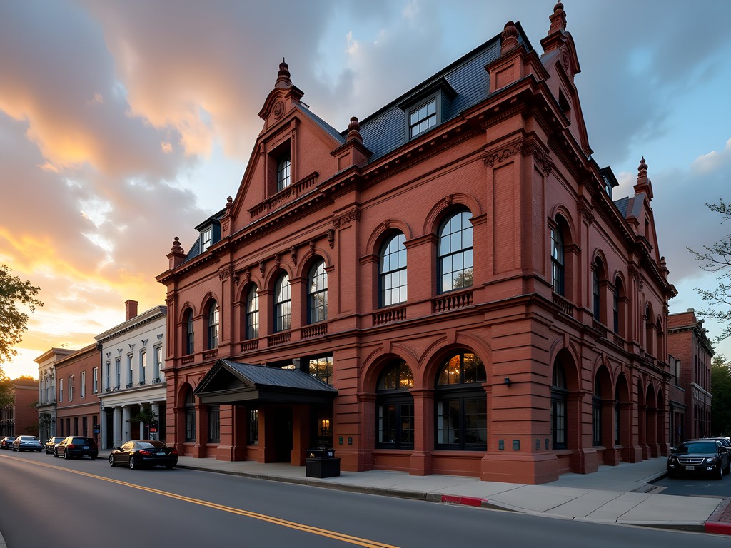 Historic Sumter Opera House bathed in golden hour light with dramatic shadows