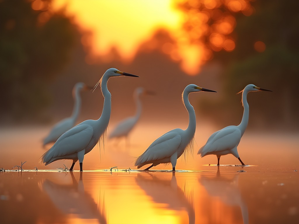 Great egrets fishing in misty wetlands at sunrise in Sumter National Wildlife Refuge
