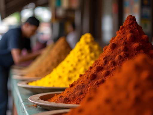 Colorful pyramids of spices at Pasar Atom market in Surabaya with vendor arranging displays