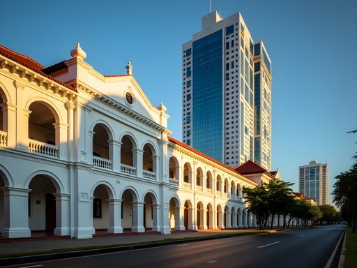 Dramatic juxtaposition of Dutch colonial architecture against modern glass skyscrapers in Surabaya city center