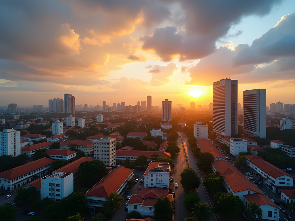 Golden sunrise light illuminating Surabaya's blend of colonial and modern architecture